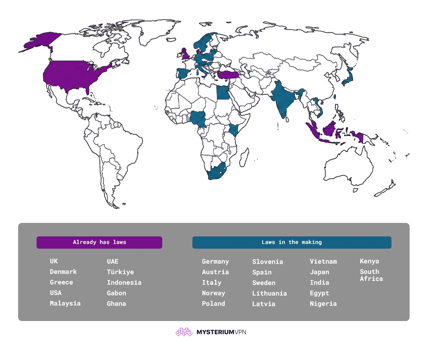 A world map with highlighted countries with age verification laws