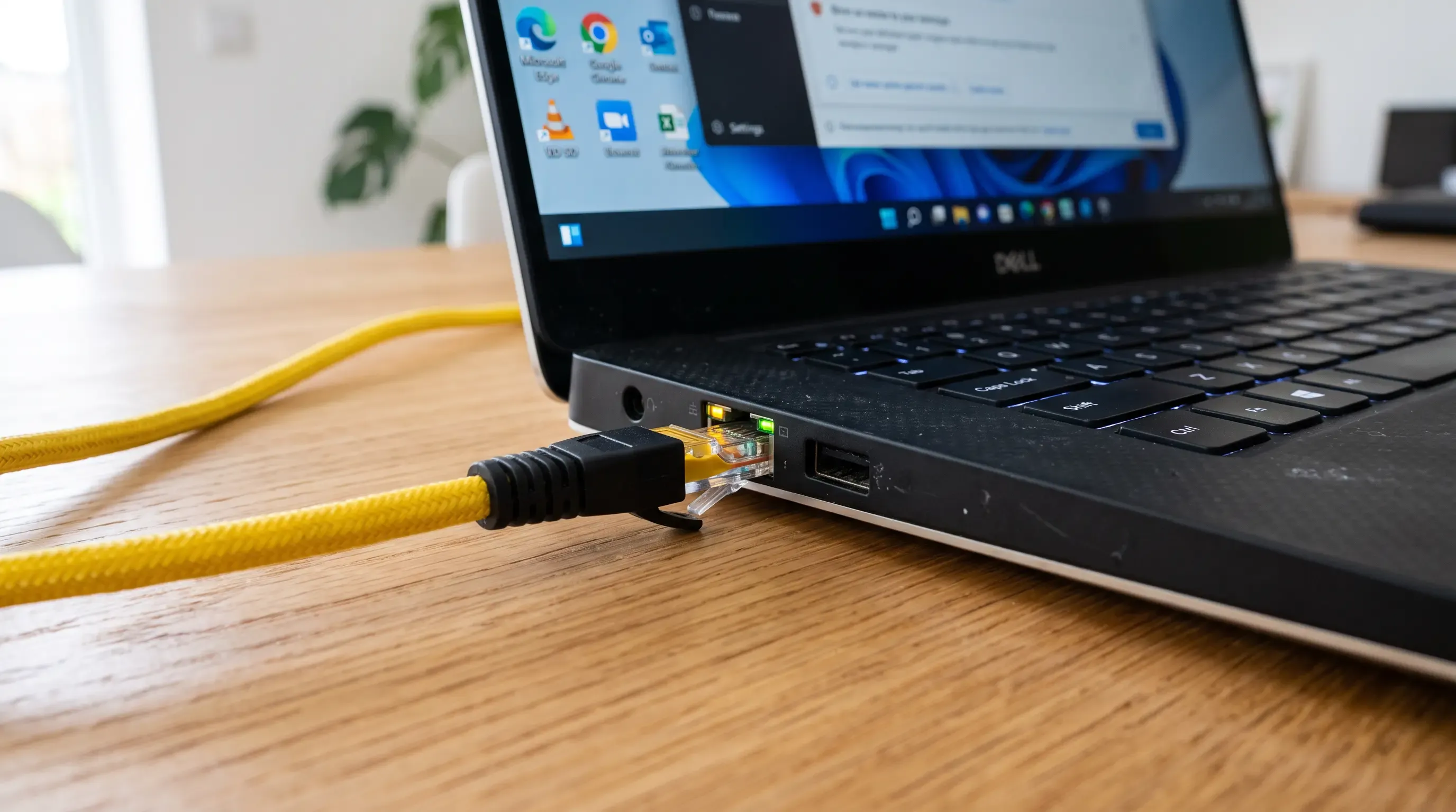 A yellow Ethernet cable connected to a black Dell laptop