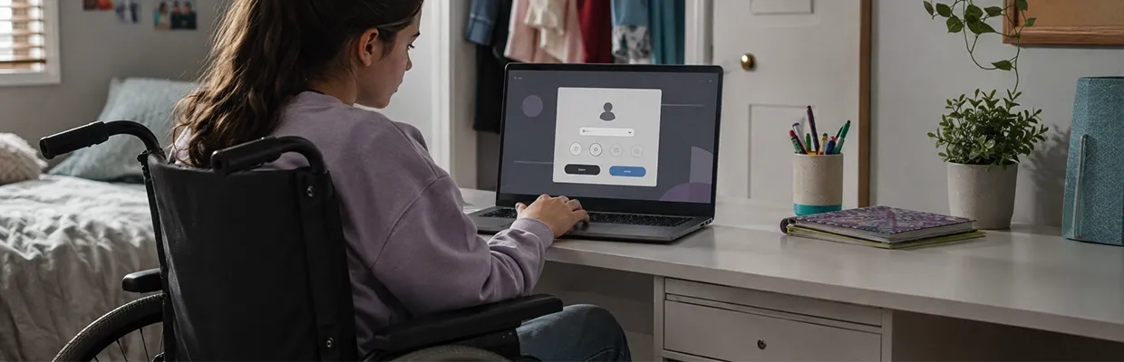 A teenage girl in a wheelchair uses her computer in her bedroom