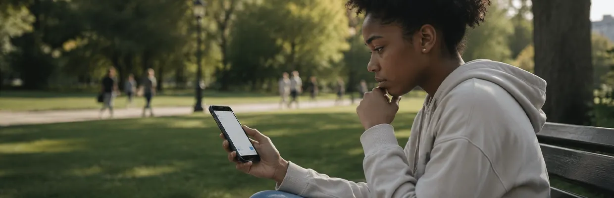 A young girl texts her friends while sitting on a park bench