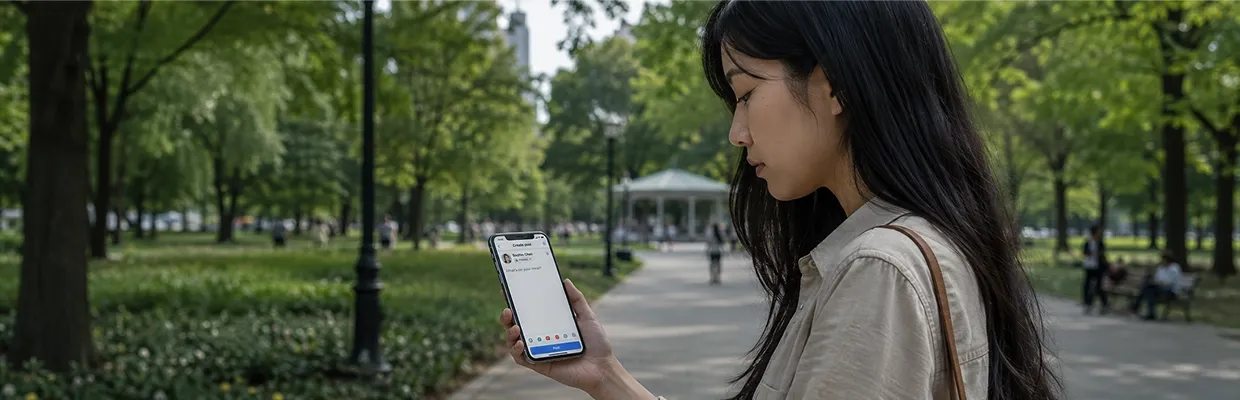 A young woman uses her phone in a park
